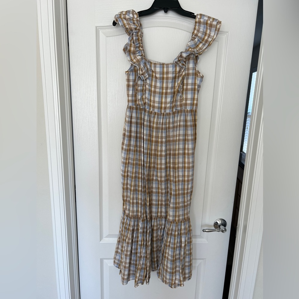Madewell Plaid Ruffle Sleeve Tiered Midi Sundress, size 4